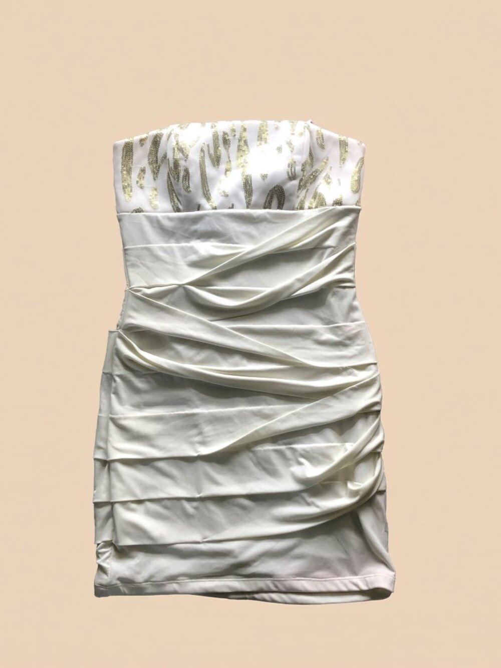NWT White & Gold Strapless Sequin Ruched Bandage Bodycon Mini Dress Size Small